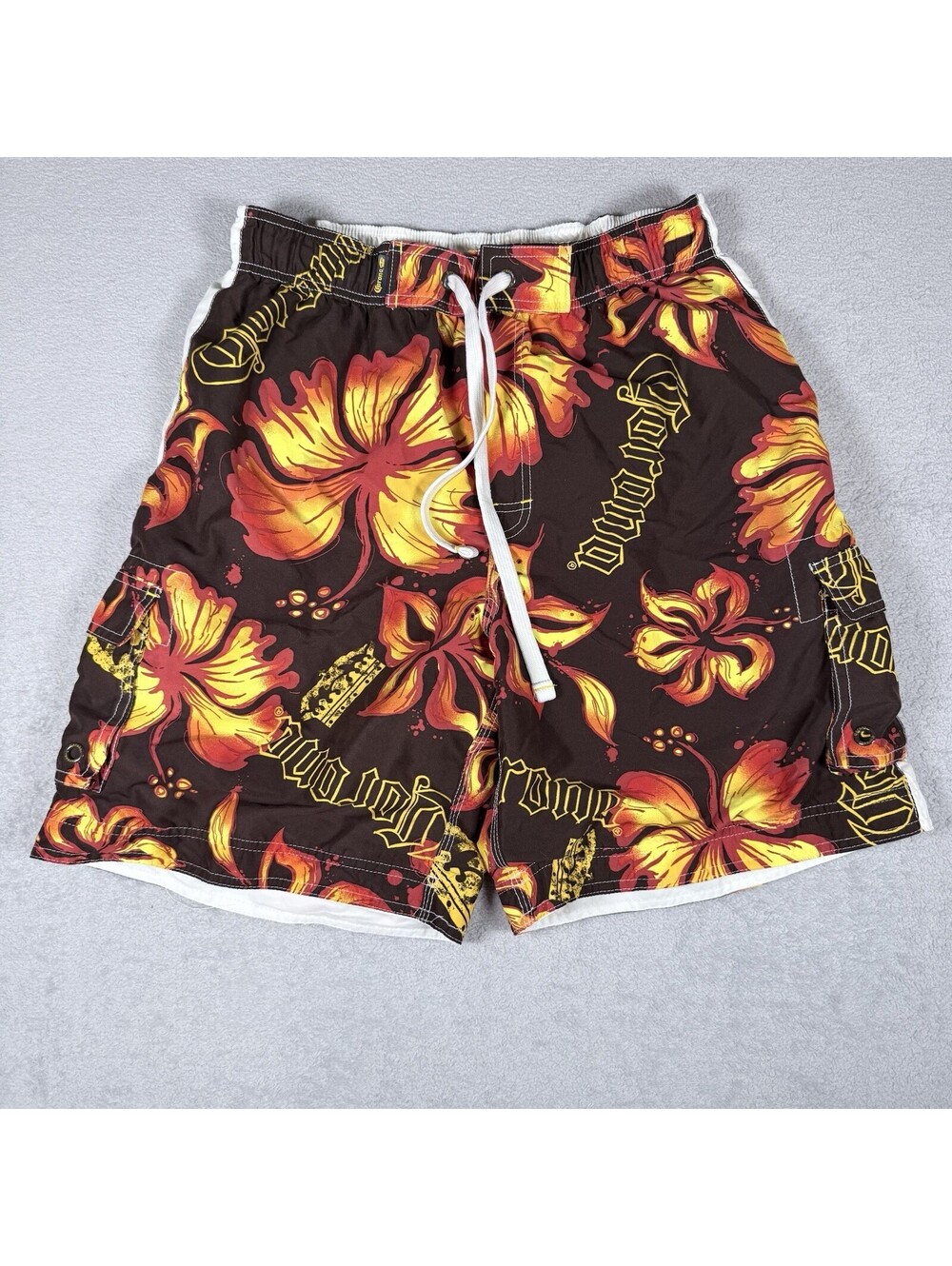 CORONA EXTRA Board Shorts Mens Large Brown Hibiscus Beer Logo Swim Trunks Beach